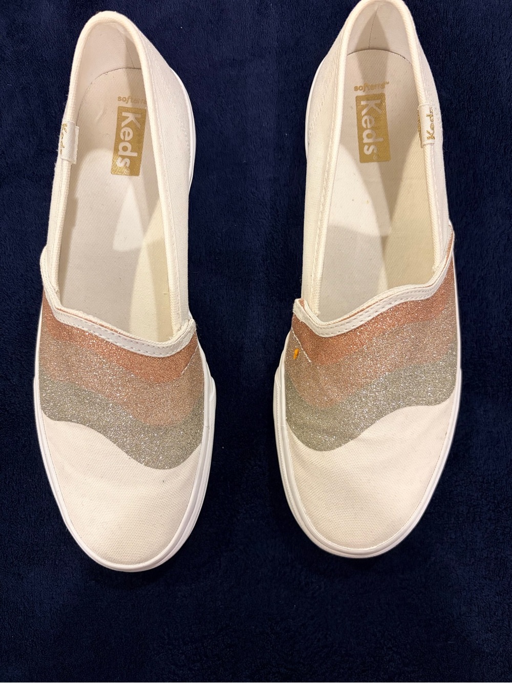 Keds Cream Slip-On Flats with Rose Gold and Silver Glitter Waves